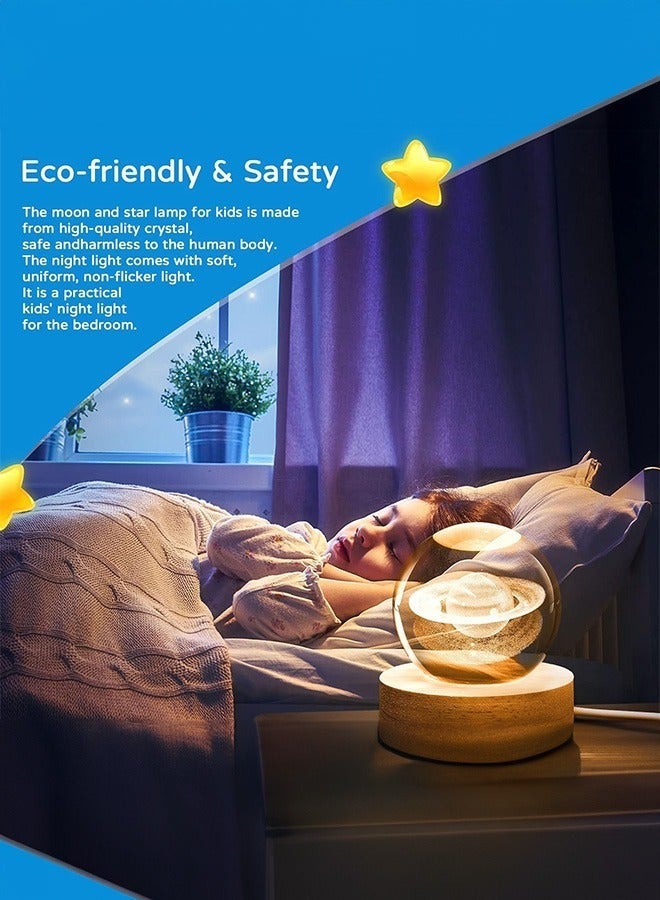 3D Moon Crystal Ball Night Light for Kids Glass Ball Night Lamp with Wood Base Fantasy Decor Crsytal Ball Gifts LED Galaxy Planet NightLights Brithday Gifts for Boys Girls (Moon) - Image 3